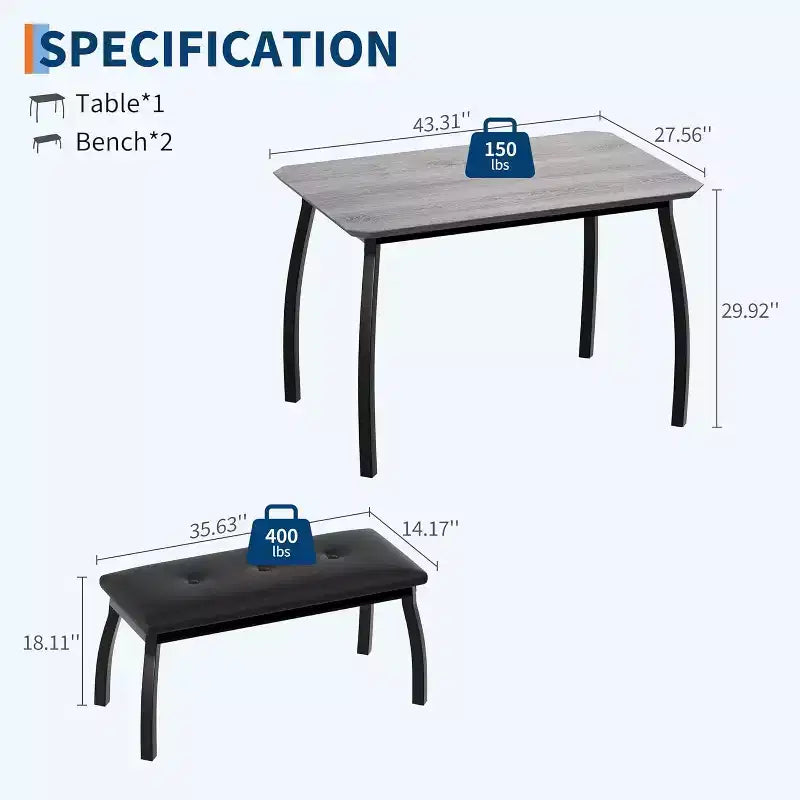 CuisinSmart Dining Table Set for 4, Kitchen Table with 2 Upholstered Bench, 3 Piece Dining Furniture Set for Small Space