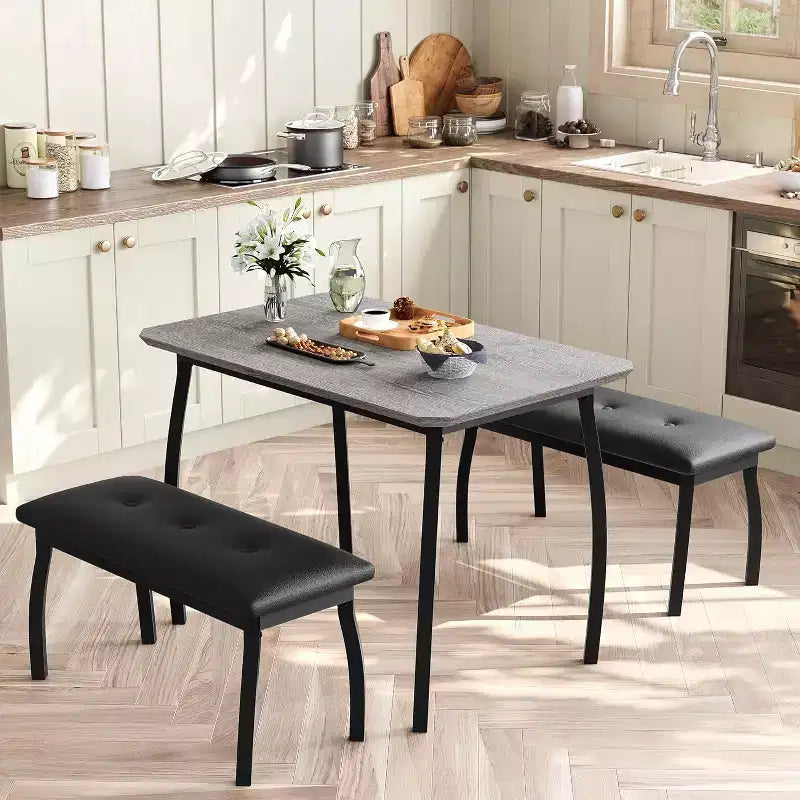 CuisinSmart Dining Table Set for 4, Kitchen Table with 2 Upholstered Bench, 3 Piece Dining Furniture Set for Small Space