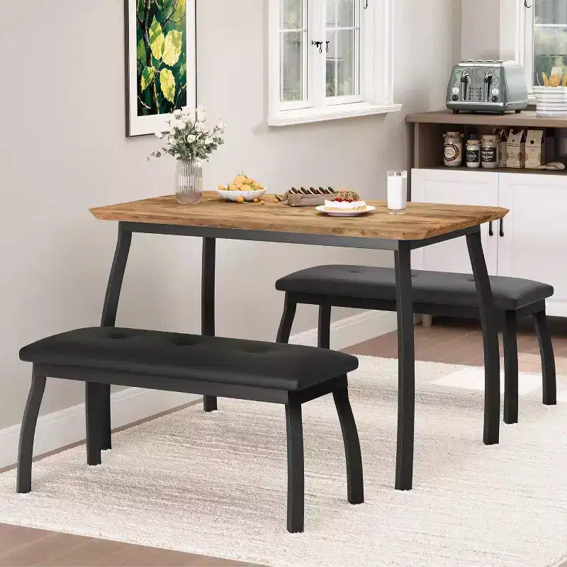 CuisinSmart Dining Table Set for 4, Kitchen Table with 2 Upholstered Bench, 3 Piece Dining Furniture Set for Small Space