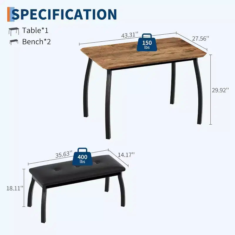 CuisinSmart Dining Table Set for 4, Kitchen Table with 2 Upholstered Bench, 3 Piece Dining Furniture Set for Small Space