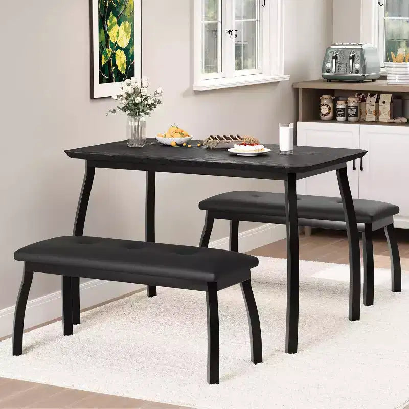 CuisinSmart Dining Table Set for 4, Kitchen Table with 2 Upholstered Bench, 3 Piece Dining Furniture Set for Small Space