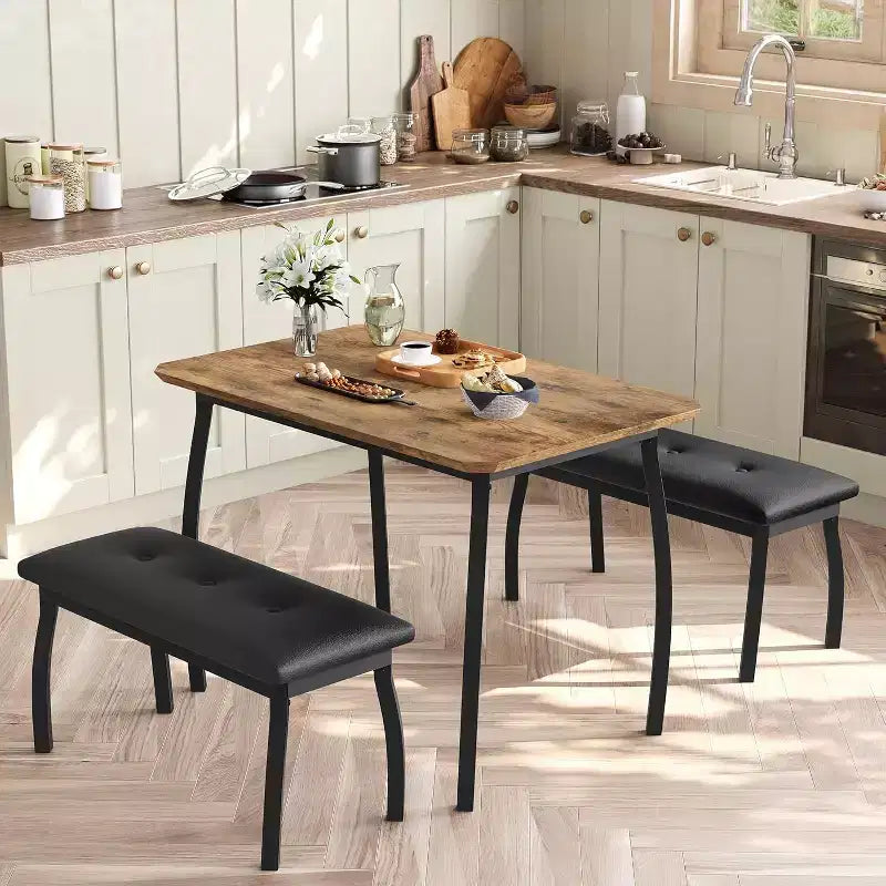 CuisinSmart Dining Table Set for 4, Kitchen Table with 2 Upholstered Bench, 3 Piece Dining Furniture Set for Small Space