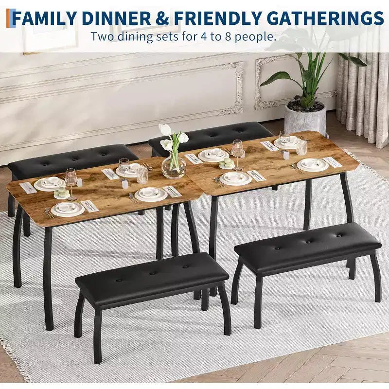 CuisinSmart Dining Table Set for 4, Kitchen Table with 2 Upholstered Bench, 3 Piece Dining Furniture Set for Small Space