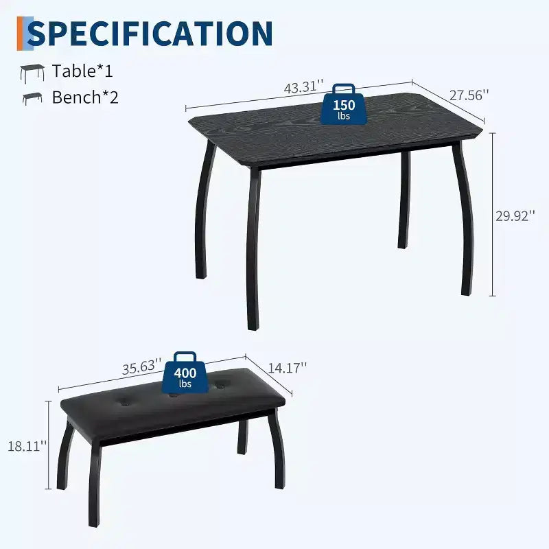 CuisinSmart Dining Table Set for 4, Kitchen Table with 2 Upholstered Bench, 3 Piece Dining Furniture Set for Small Space