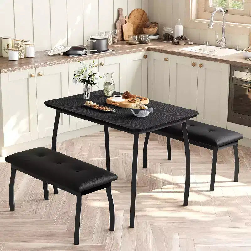 CuisinSmart Dining Table Set for 4, Kitchen Table with 2 Upholstered Bench, 3 Piece Dining Furniture Set for Small Space