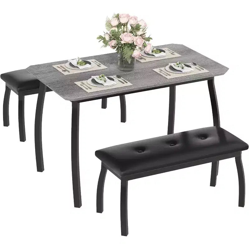 CuisinSmart Dining Table Set for 4, Kitchen Table with 2 Upholstered Bench, 3 Piece Dining Furniture Set for Small Space