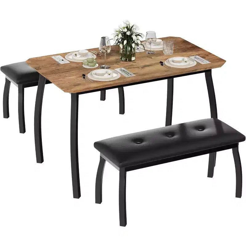 CuisinSmart Dining Table Set for 4, Kitchen Table with 2 Upholstered Bench, 3 Piece Dining Furniture Set for Small Space