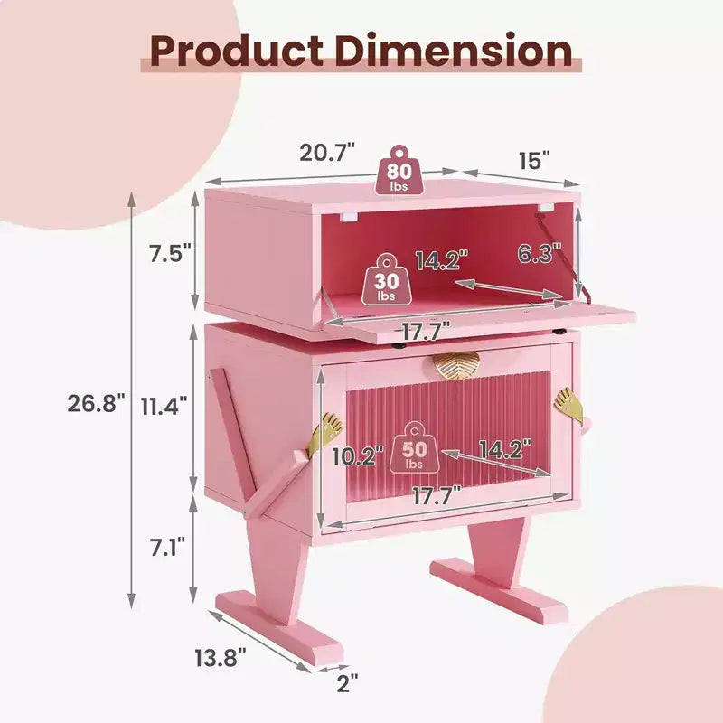 RoyalCraft Nightstand with LED Light Strips, Rotating Drawer & Glass Door, Pink
