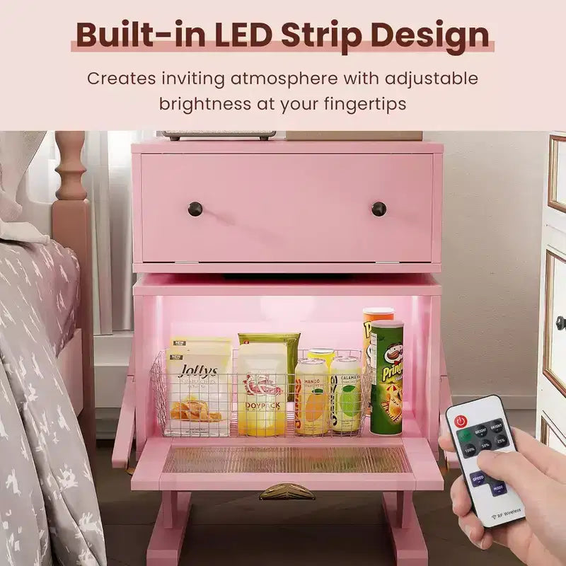 RoyalCraft Nightstand with LED Light Strips, Rotating Drawer & Glass Door, Pink
