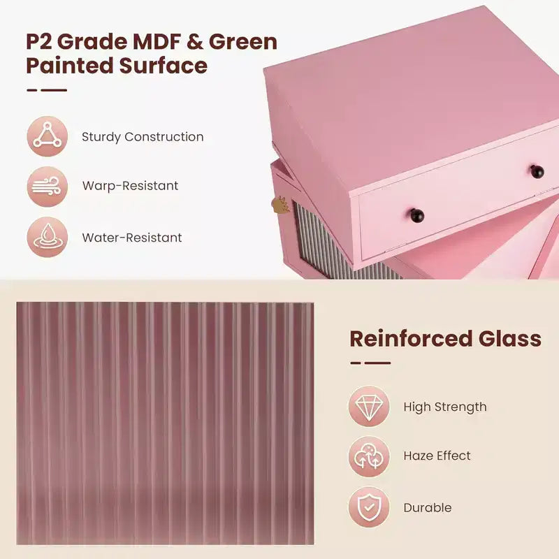 RoyalCraft Nightstand with LED Light Strips, Rotating Drawer & Glass Door, Pink