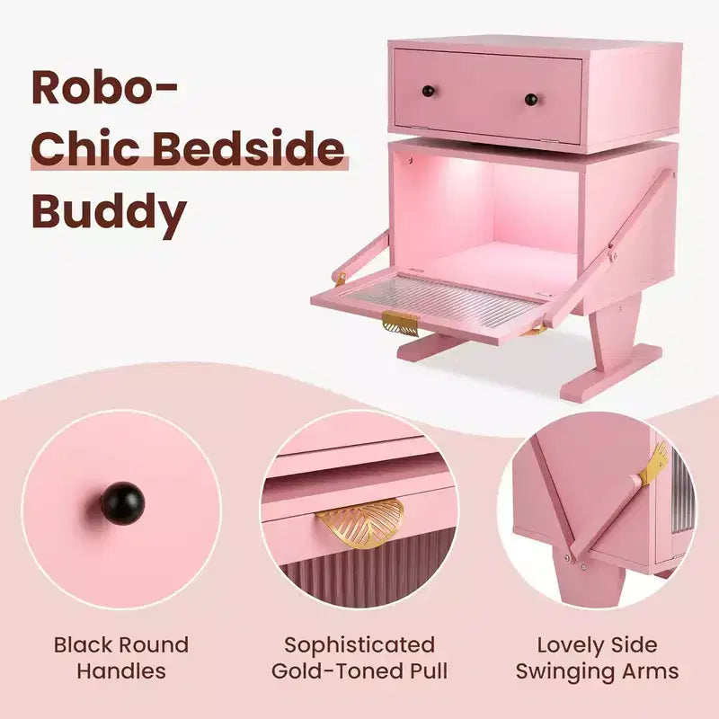 RoyalCraft Nightstand with LED Light Strips, Rotating Drawer & Glass Door, Pink