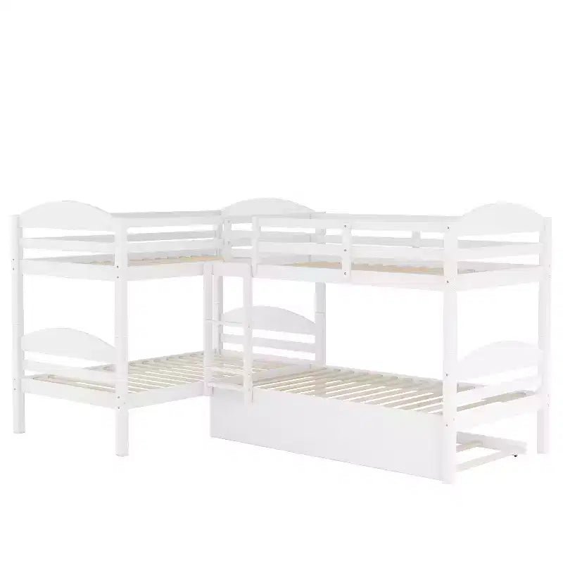 Twin L-Shaped Bunk bed with Trundle-White