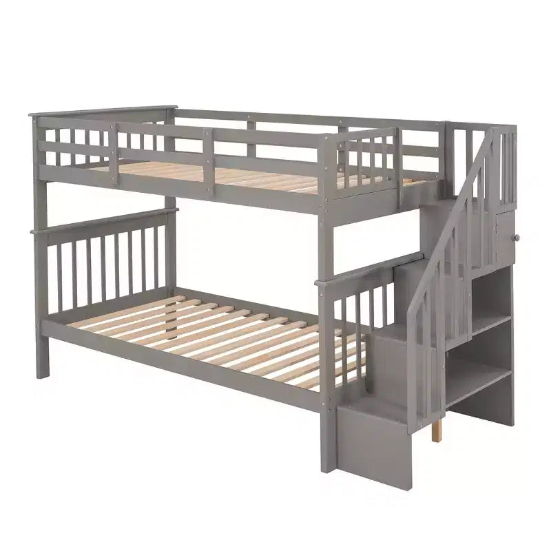 Stairway Twin-Over-Twin Bunk Bed with Storage and Guard Rail for Bedroom, Dorm, White color