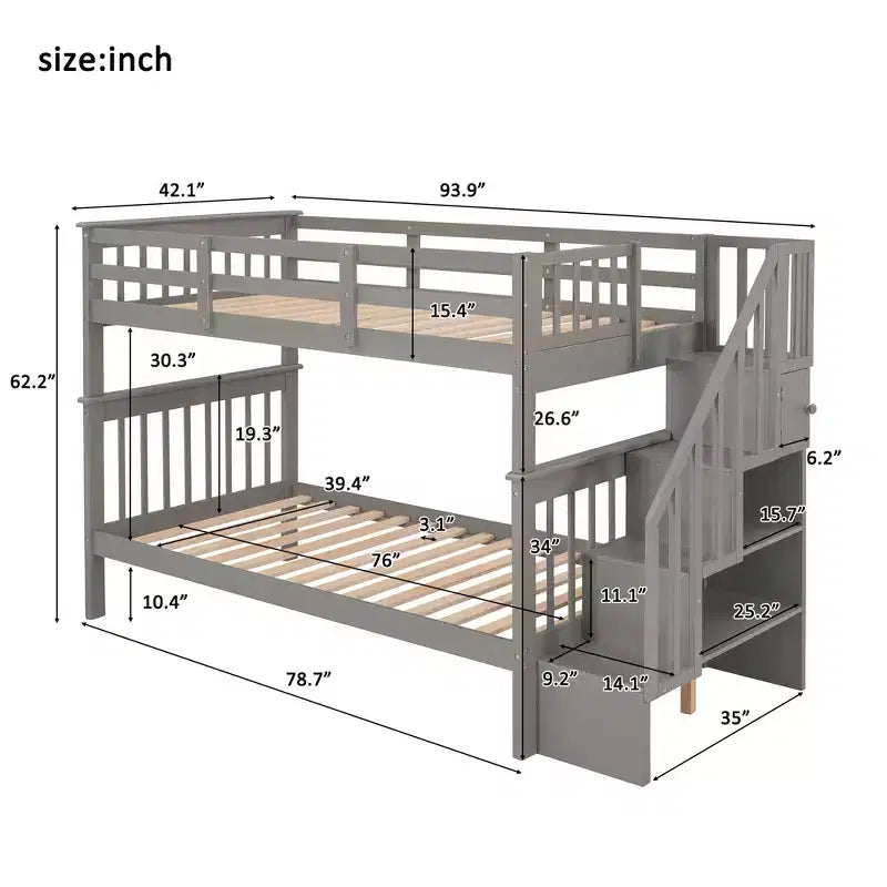 Stairway Twin-Over-Twin Bunk Bed with Storage and Guard Rail for Bedroom, Dorm, White color