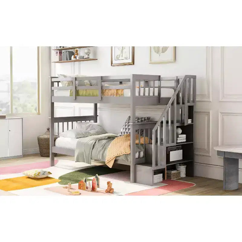 Stairway Twin-Over-Twin Bunk Bed with Storage and Guard Rail for Bedroom, Dorm, White color