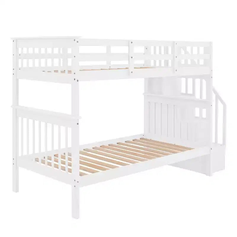 Stairway Twin-Over-Twin Bunk Bed with Storage and Guard Rail for Bedroom, Dorm, White color