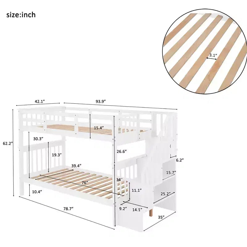 Stairway Twin-Over-Twin Bunk Bed with Storage and Guard Rail for Bedroom, Dorm, White color