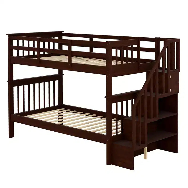 Stairway Twin-Over-Twin Bunk Bed with Storage and Guard Rail for Bedroom, Dorm, White color