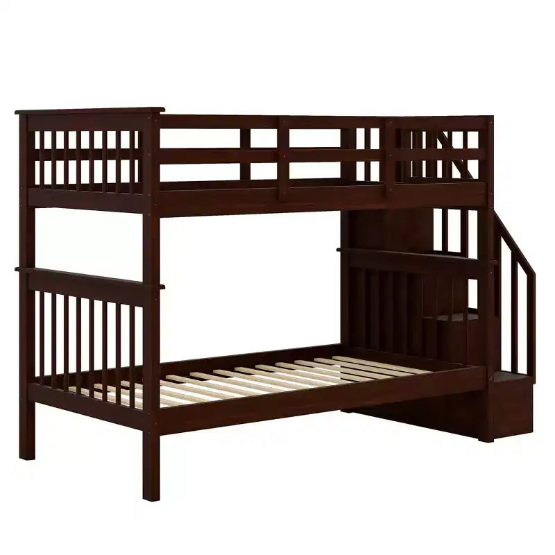 Stairway Twin-Over-Twin Bunk Bed with Storage and Guard Rail for Bedroom, Dorm, White color