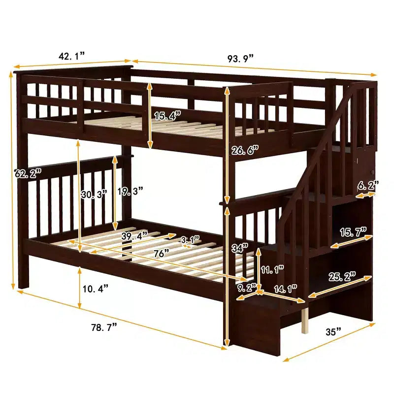 Stairway Twin-Over-Twin Bunk Bed with Storage and Guard Rail for Bedroom, Dorm, White color