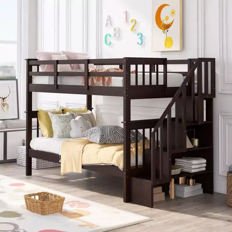 Stairway Twin-Over-Twin Bunk Bed with Storage and Guard Rail for Bedroom, Dorm, White color