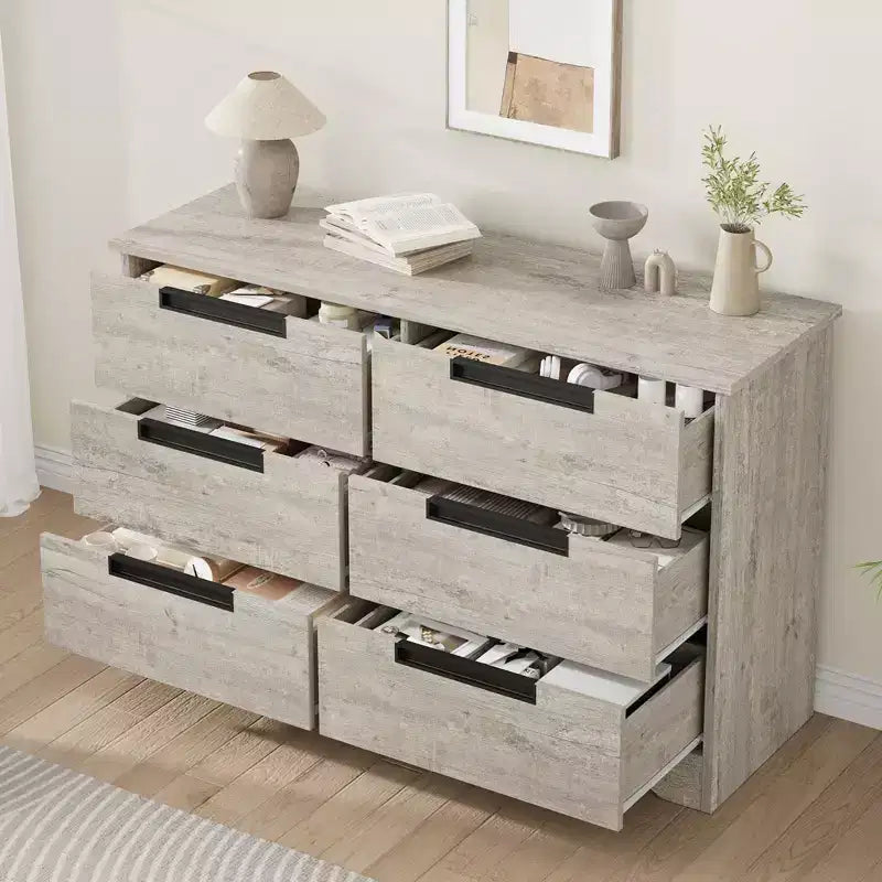 TROPOW 6 Drawer Dresser for Bedroom, Modern Double Dresser Organizer with Embedded Handles Design, Wooden Chest of Drawers for Living Room