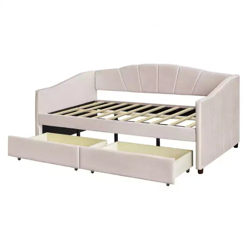 Upholstered daybed Twin Size with Two Drawers and Wood Slat Beige