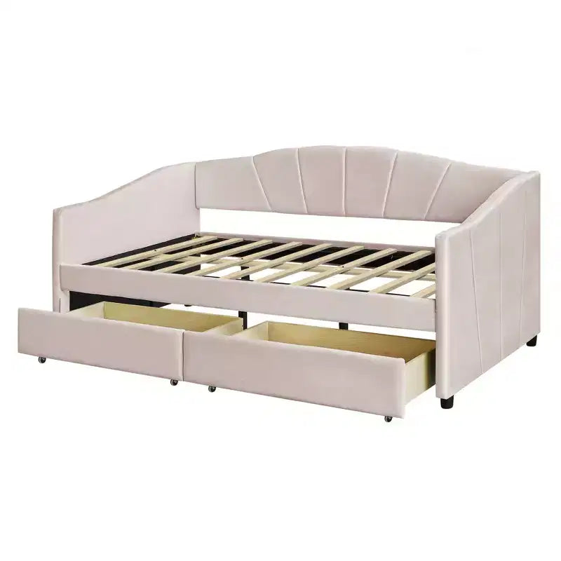 Upholstered daybed Twin Size with Two Drawers and Wood Slat Beige