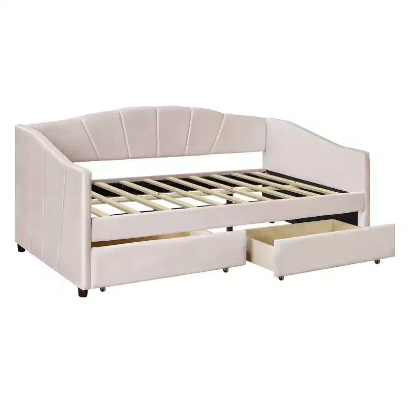 Upholstered daybed Twin Size with Two Drawers and Wood Slat Beige