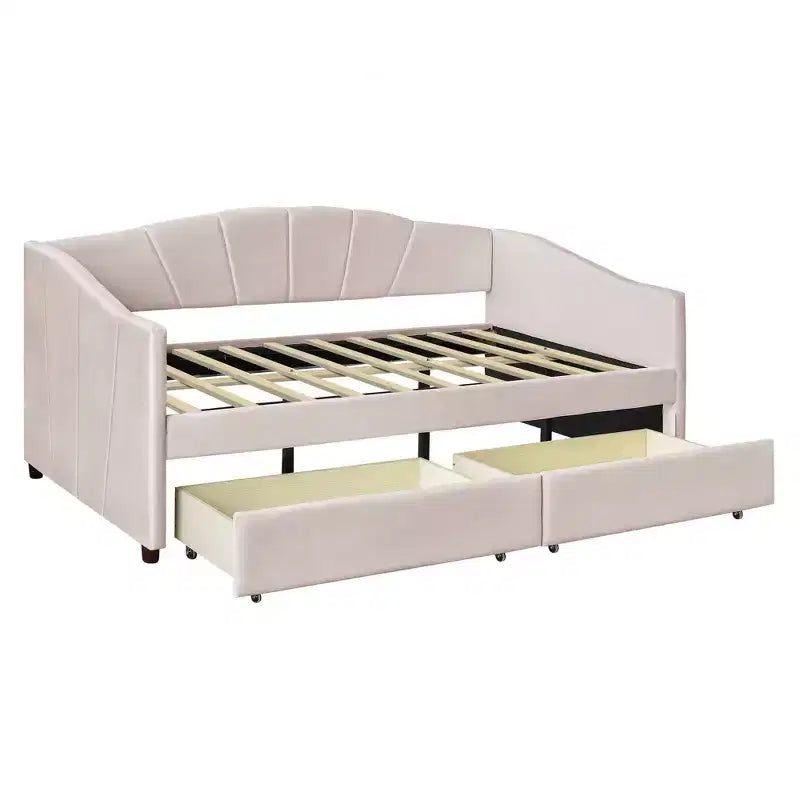 Upholstered daybed Twin Size with Two Drawers and Wood Slat Beige