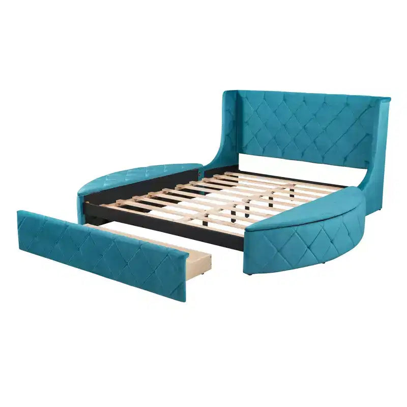 Upholstered Platform Bed Queen Size Storage Velvet Bed with Wingback Headboard and 1 Big Drawer 2 Side Storage Stool(Blue)