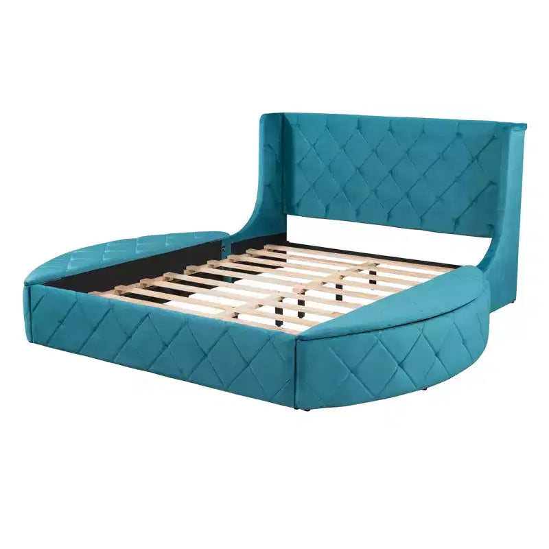 Upholstered Platform Bed Queen Size Storage Velvet Bed with Wingback Headboard and 1 Big Drawer 2 Side Storage Stool(Blue)