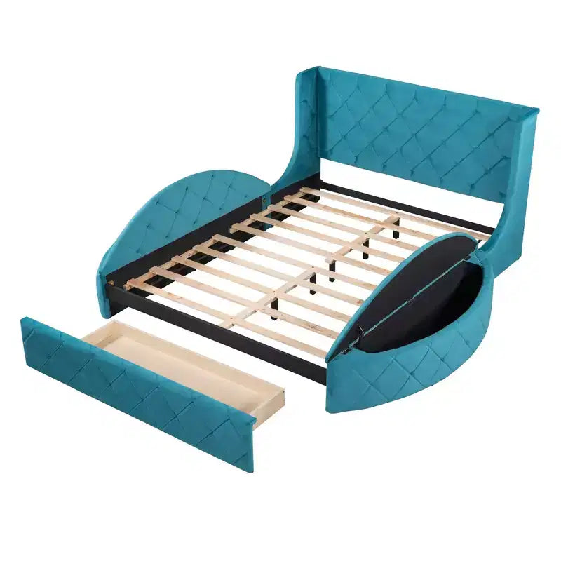 Upholstered Platform Bed Queen Size Storage Velvet Bed with Wingback Headboard and 1 Big Drawer 2 Side Storage Stool(Blue)