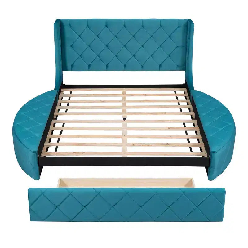 Upholstered Platform Bed Queen Size Storage Velvet Bed with Wingback Headboard and 1 Big Drawer 2 Side Storage Stool(Blue)