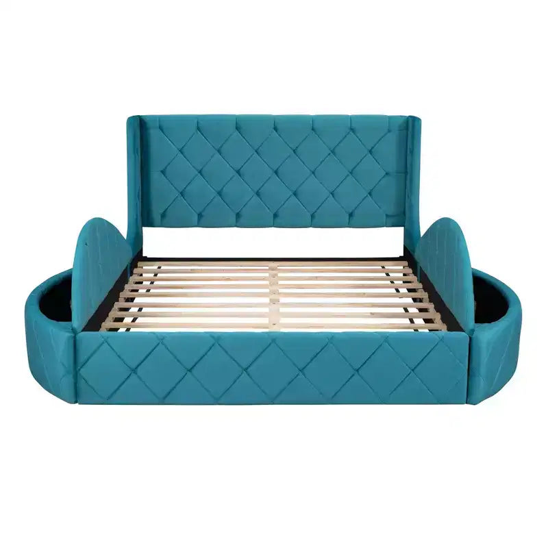 Upholstered Platform Bed Queen Size Storage Velvet Bed with Wingback Headboard and 1 Big Drawer 2 Side Storage Stool(Blue)
