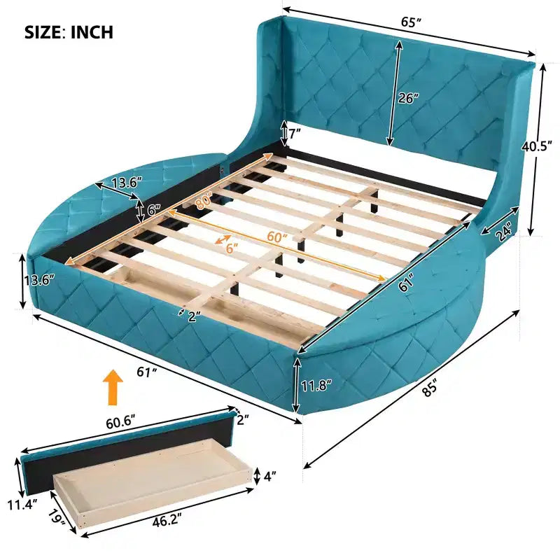 Upholstered Platform Bed Queen Size Storage Velvet Bed with Wingback Headboard and 1 Big Drawer 2 Side Storage Stool(Blue)