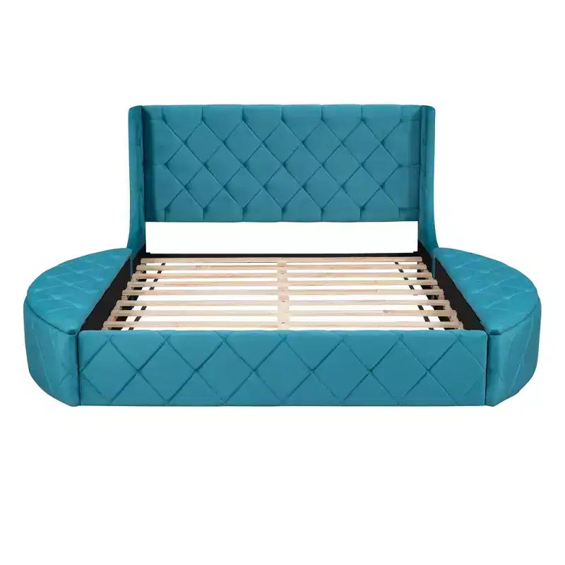 Upholstered Platform Bed Queen Size Storage Velvet Bed with Wingback Headboard and 1 Big Drawer 2 Side Storage Stool(Blue)