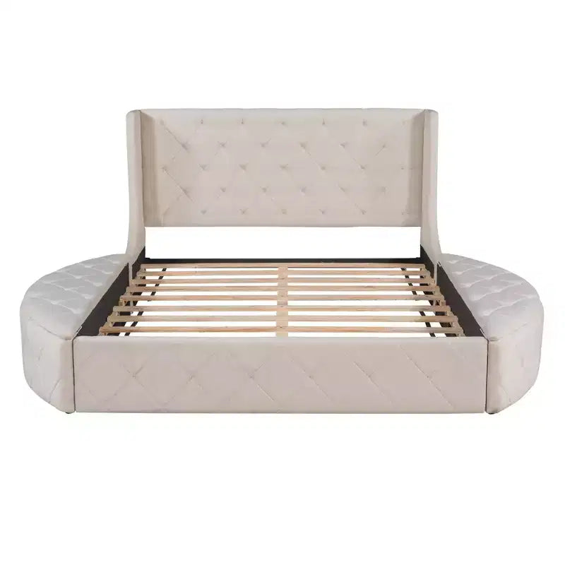Upholstered Platform Bed Queen Size Storage Velvet Bed with Wingback Headboard and 1 Big Drawer 2 Side Storage Stool(Blue)