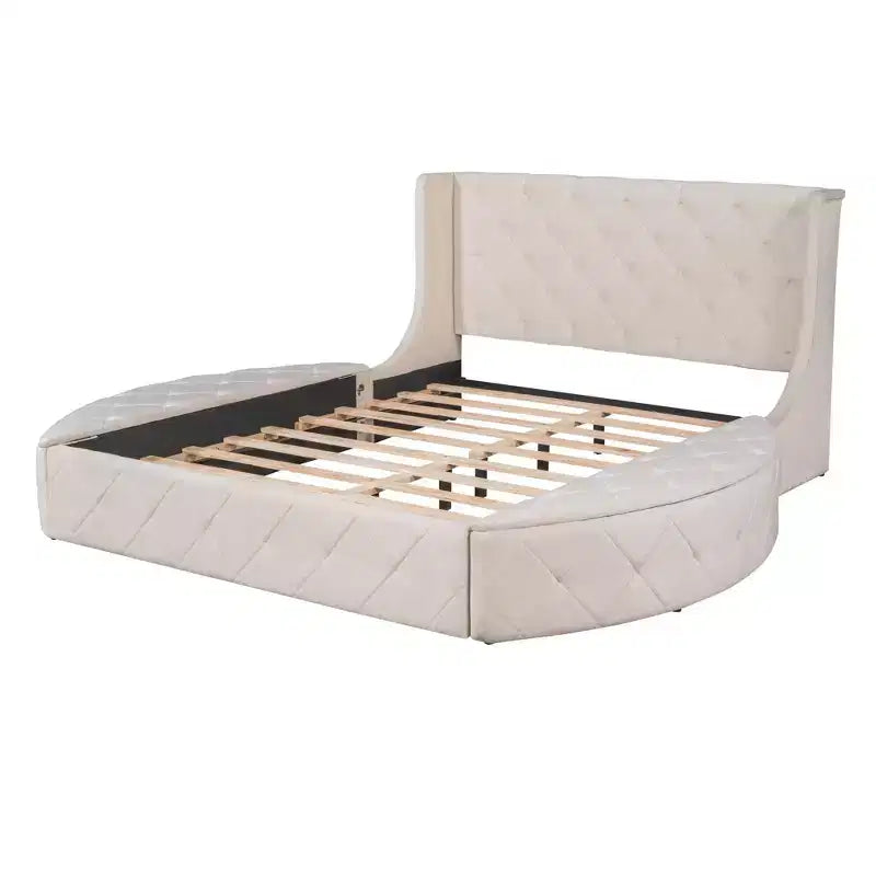 Upholstered Platform Bed Queen Size Storage Velvet Bed with Wingback Headboard and 1 Big Drawer 2 Side Storage Stool(Blue)