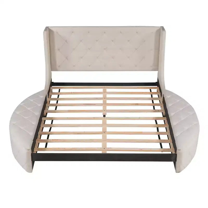 Upholstered Platform Bed Queen Size Storage Velvet Bed with Wingback Headboard and 1 Big Drawer 2 Side Storage Stool(Blue)