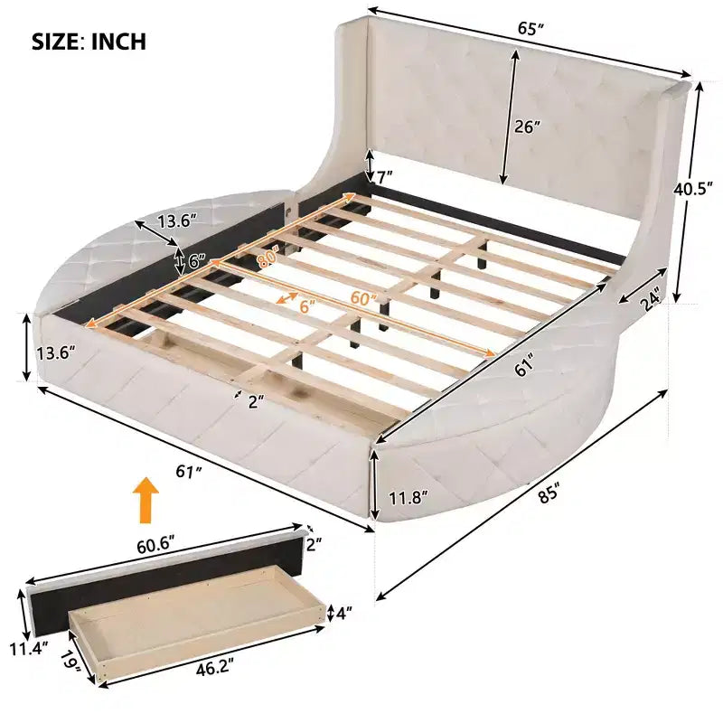 Upholstered Platform Bed Queen Size Storage Velvet Bed with Wingback Headboard and 1 Big Drawer 2 Side Storage Stool(Blue)