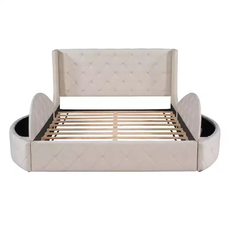 Upholstered Platform Bed Queen Size Storage Velvet Bed with Wingback Headboard and 1 Big Drawer 2 Side Storage Stool(Blue)