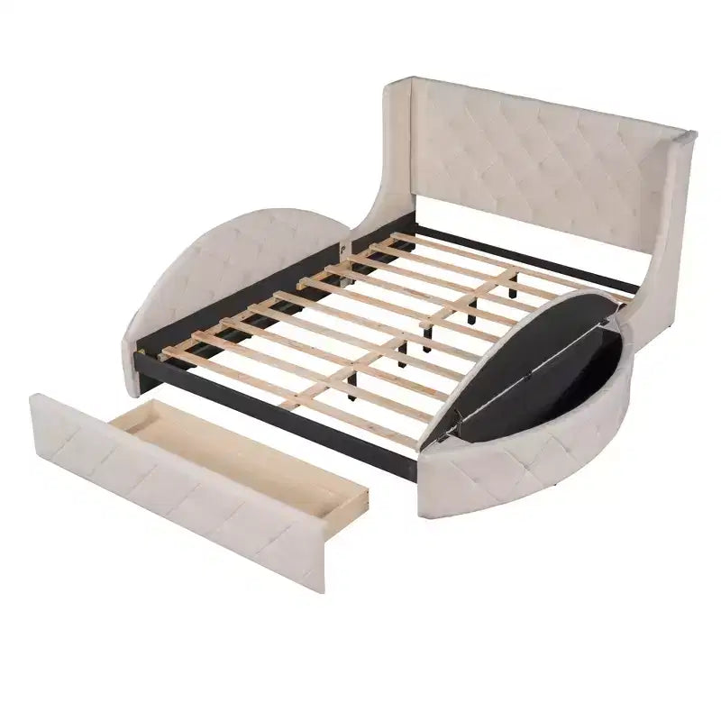 Upholstered Platform Bed Queen Size Storage Velvet Bed with Wingback Headboard and 1 Big Drawer 2 Side Storage Stool(Blue)