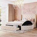 Upholstered Platform Bed Queen Size Storage Velvet Bed with Wingback Headboard and 1 Big Drawer 2 Side Storage Stool(Blue)