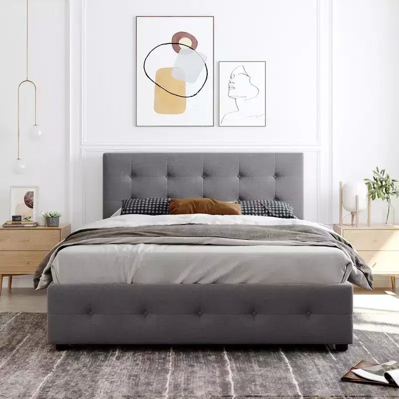Upholstered Platform Bed with Classic Headboard and 4 Drawers No Box Spring Needed Linen Fabric Queen Size Beige