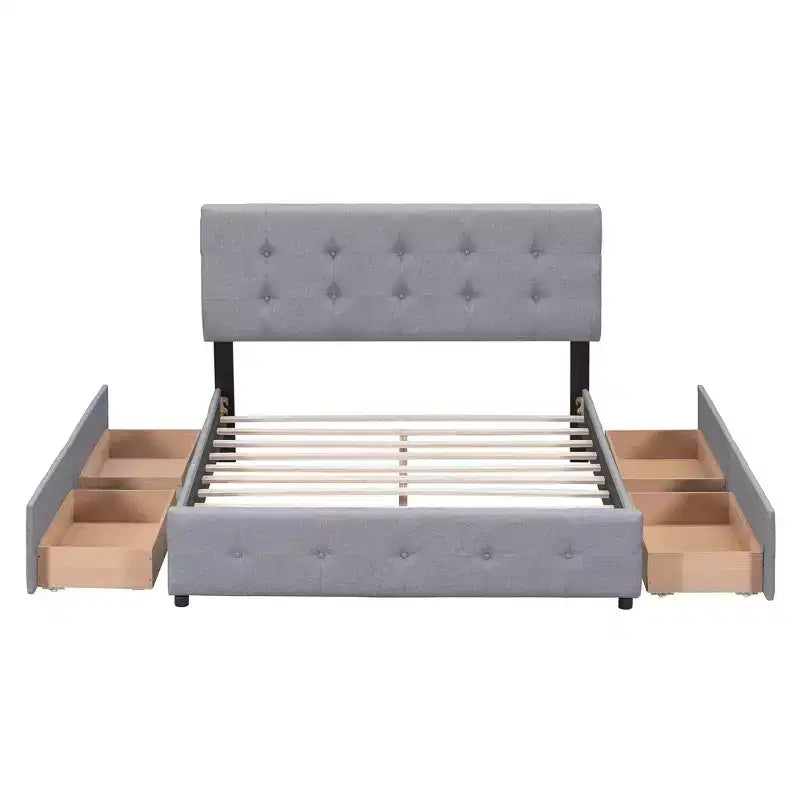 Upholstered Platform Bed with Classic Headboard and 4 Drawers No Box Spring Needed Linen Fabric Queen Size Beige