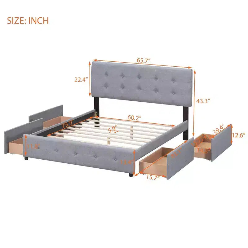 Upholstered Platform Bed with Classic Headboard and 4 Drawers No Box Spring Needed Linen Fabric Queen Size Beige