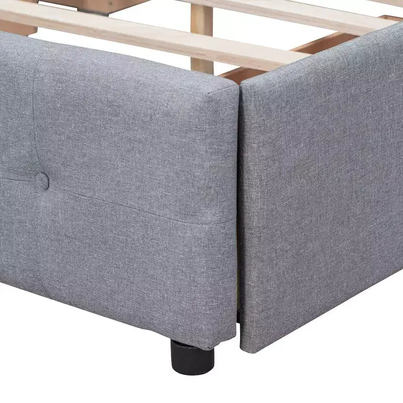 Upholstered Platform Bed with Classic Headboard and 4 Drawers No Box Spring Needed Linen Fabric Queen Size Beige