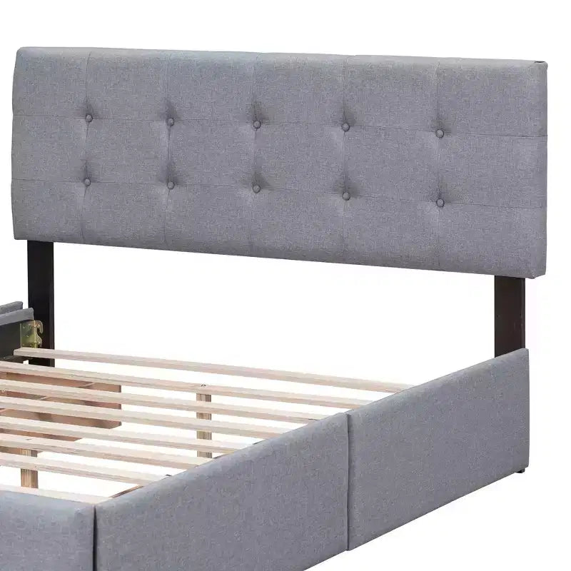 Upholstered Platform Bed with Classic Headboard and 4 Drawers No Box Spring Needed Linen Fabric Queen Size Beige
