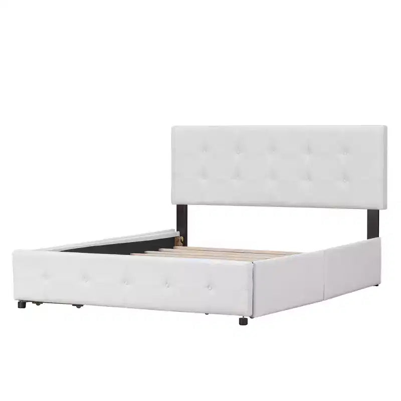 Upholstered Platform Bed with Classic Headboard and 4 Drawers No Box Spring Needed Linen Fabric Queen Size Beige